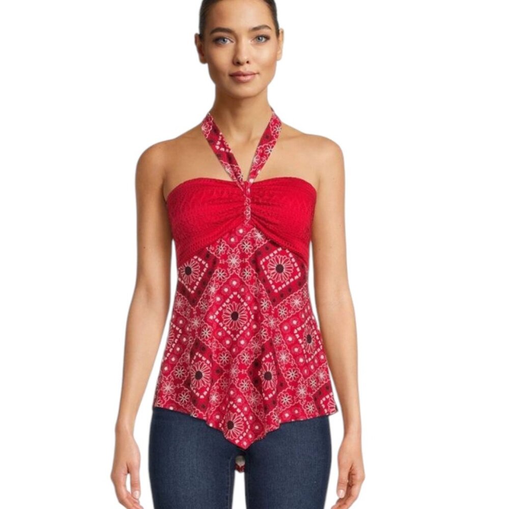 Juniors XL No Boundaries Red Crochet Trim Halter Top with Hanky Hem Smocked Back
